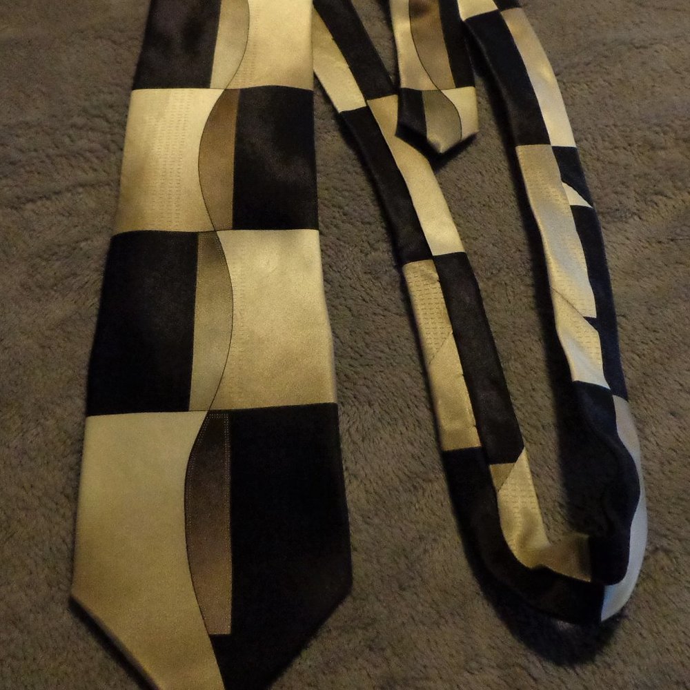 Silk Tie - Black and Creamy White Geometric Design